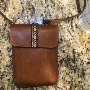 MW brown leather crossbody purse with embroidery